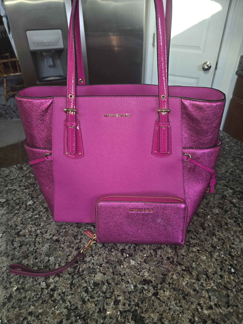Michael Kors Hot Pink Glitter Bag With Matching Zip Wristlet Wallet